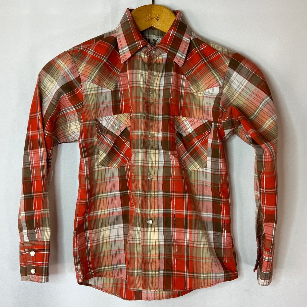 Ely Cattleman Small Red Metallic Plaid Pearl Snaps Western Cowboy Rockabilly
